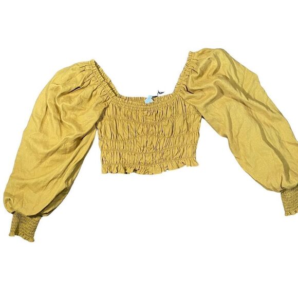 NWT A Loves A Straw Mustard Ruched Puff Long Sleeve Cropped Blouse Linen Blend S - Picture 1 of 12